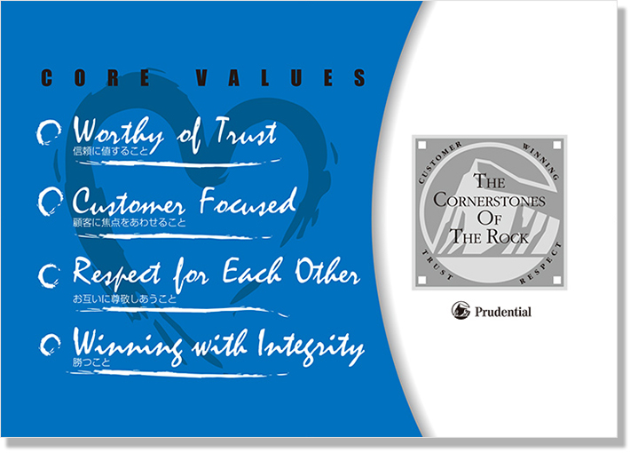 CORE VALUES Worthy of Trust 信頼に値すること　Customer Focused 顧客に焦点をあわせること Respcct for Each Other お互いに尊敬しあうこと Winning with Integrity 勝つこと
